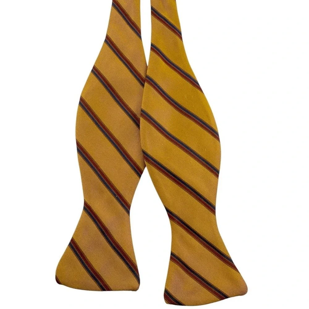 J Hanamer Silk Self Tie Bow Tie Gold‎ Navy Burgundy Repp Stripe USA Handmade Ivy